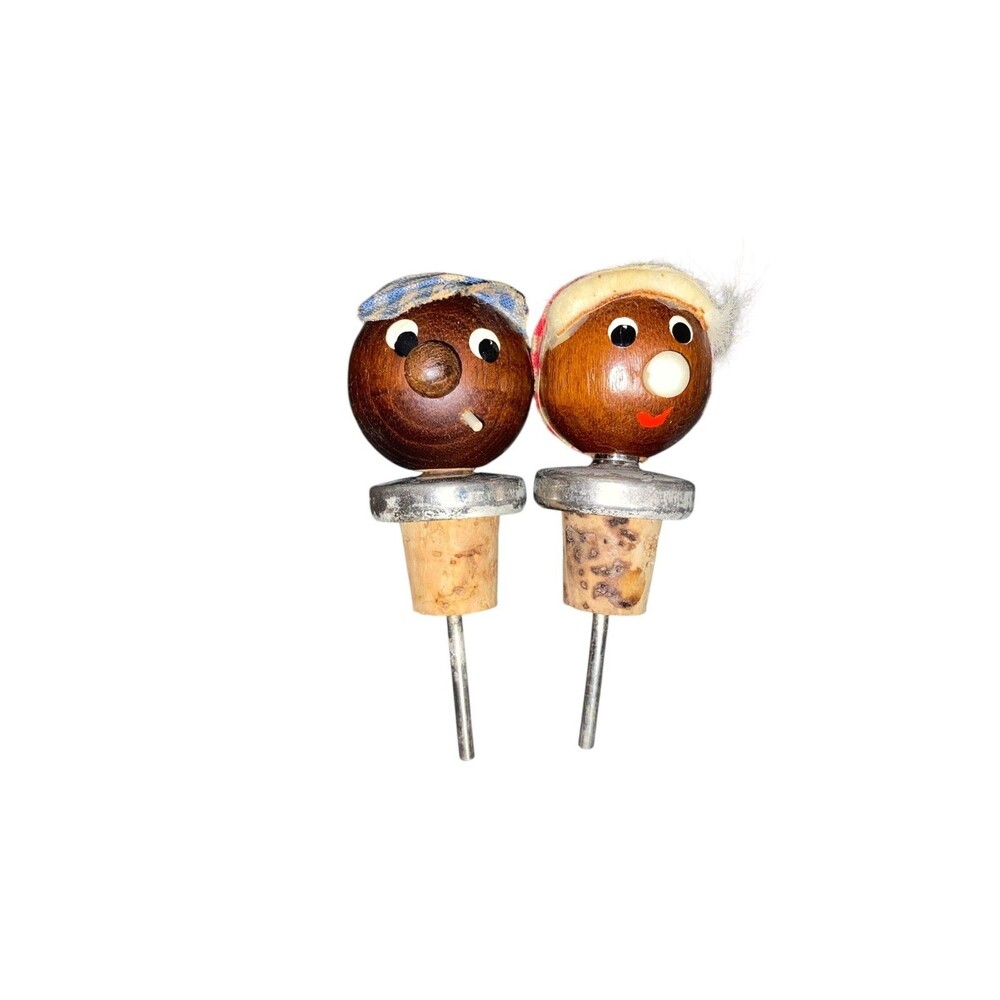 Vtg Teak Wood Character Cork Bottle Stoppers Lot Of 2